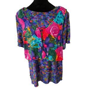 CAROLE LITTLE Vintage Floral Tunic Top Sz Med Purple Multicolor 100% Rayon BOHO